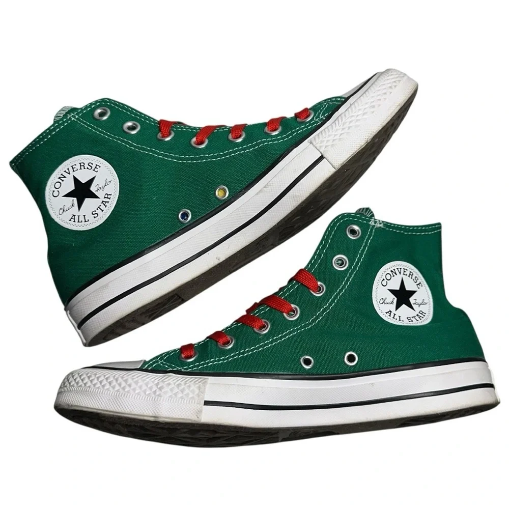 Converse All Star Chuck Taylor’s Sz 8 Green Ho Ho Ho Red Laces High Top Sneakers - Picture 8 of 10